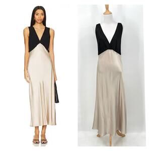 ENZA COSTA Silk Satin Nuit Dress Womens Medium Flax Tan Black Plunging V-neck